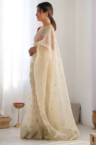 Off white women embellished embroidered beads and stones organza celebrity saree