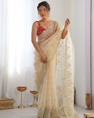 Off white women embellished embroidered beads and stones organza celebrity saree 3