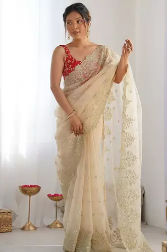 Off white women embellished embroidered beads and stones organza celebrity saree