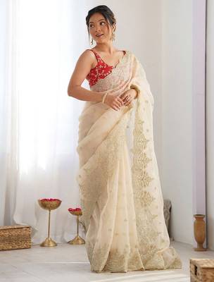 Off white women embellished embroidered beads and stones organza celebrity saree 4