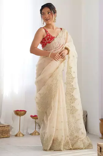 Off white women embellished embroidered beads and stones organza celebrity saree