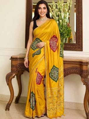 yellow bandhani embroidered bandhani saree 1
