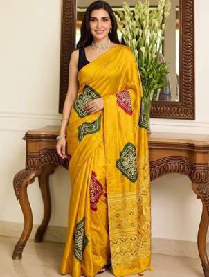 yellow bandhani embroidered bandhani saree 2