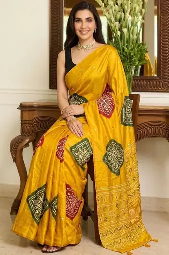 yellow bandhani embroidered bandhani saree