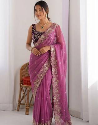purple embellished embroidered pure georgette heavy work saree 1