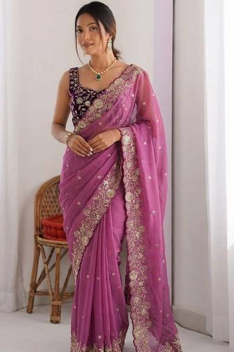 purple embellished embroidered pure georgette heavy work saree