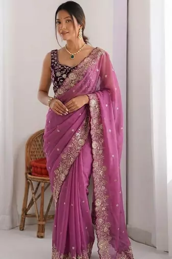 purple embellished embroidered pure georgette heavy work saree