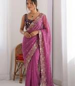 purple embellished embroidered pure georgette heavy work saree