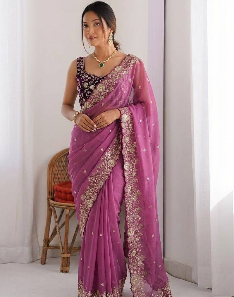 purple embellished embroidered pure georgette heavy work saree