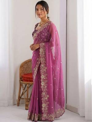 purple embellished embroidered pure georgette heavy work saree 2
