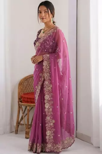 purple embellished embroidered pure georgette heavy work saree