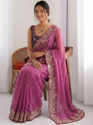 purple embellished embroidered pure georgette heavy work saree 3