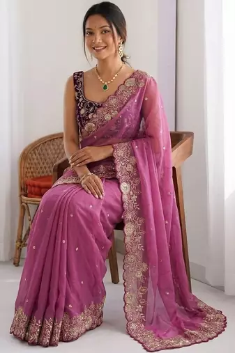 purple embellished embroidered pure georgette heavy work saree