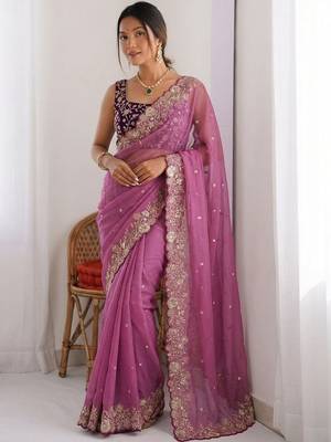 purple embellished embroidered pure georgette heavy work saree 4