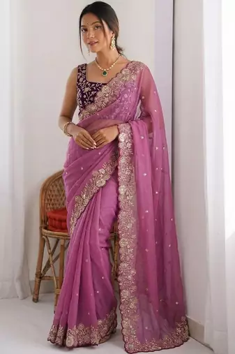 purple embellished embroidered pure georgette heavy work saree