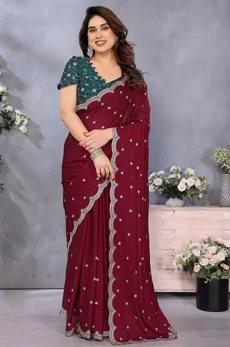Maroon embellished beads and stones  saree