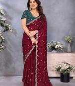 Maroon embellished beads and stones  saree