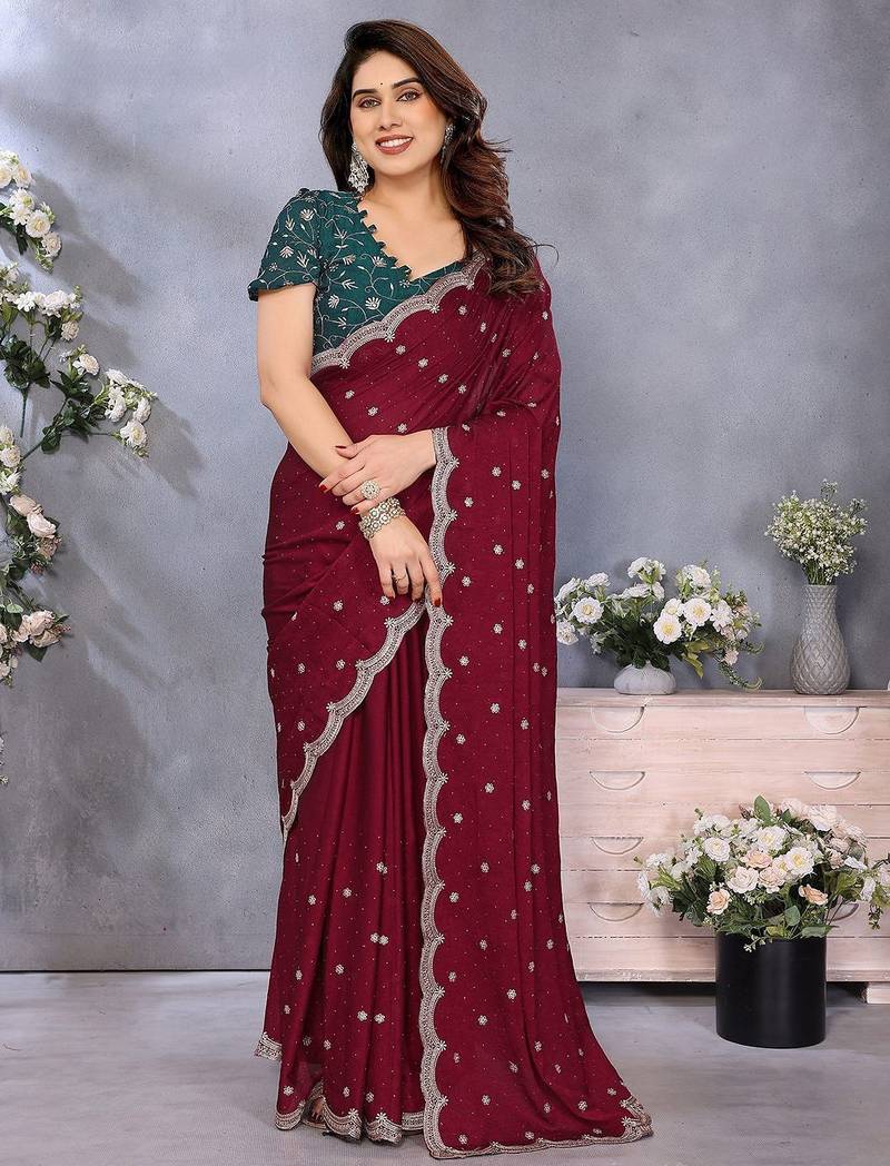 Maroon embellished beads and stones  saree