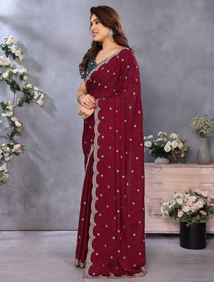 Maroon embellished beads and stones  saree 2
