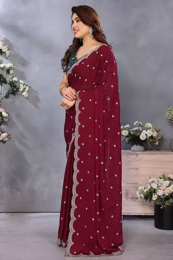 Maroon embellished beads and stones  saree