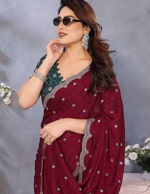 Maroon embellished beads and stones  saree 4