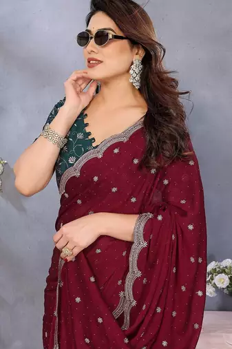 Maroon embellished beads and stones  saree