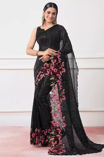 black black embellished sequinned pure georgette party saree