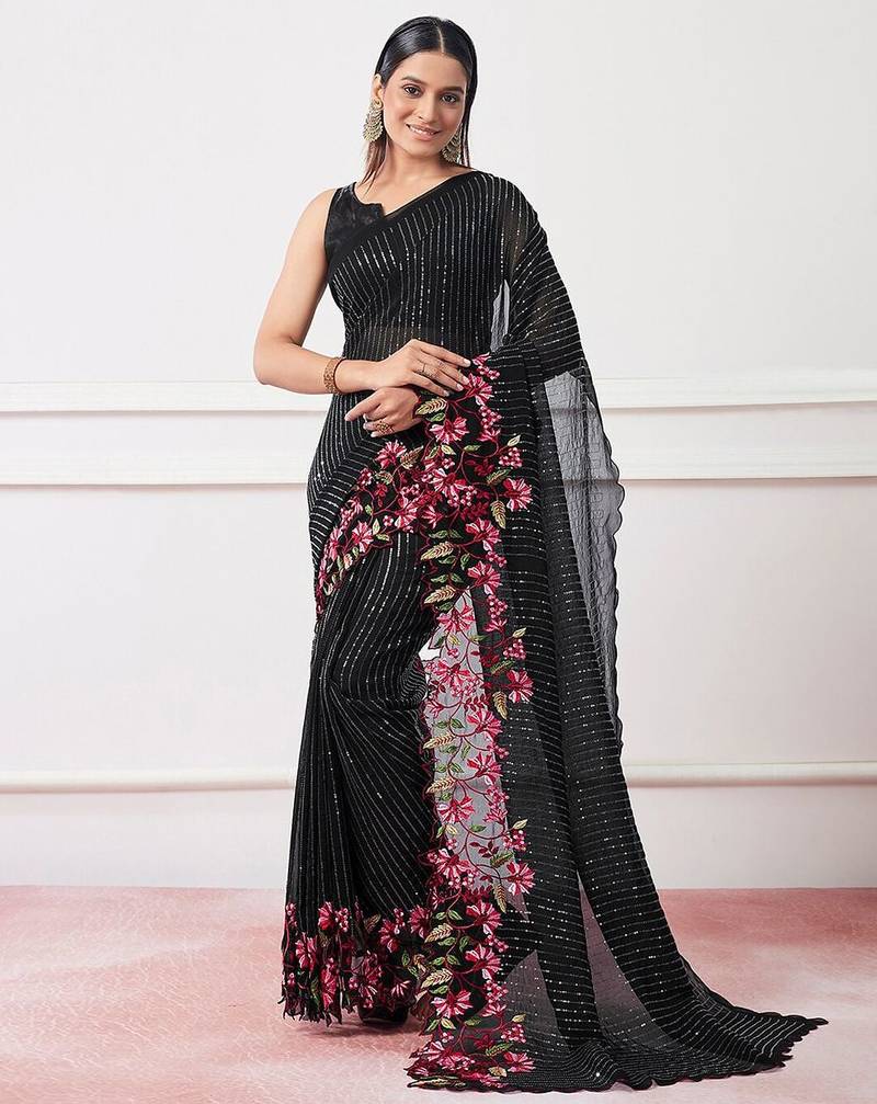 black black embellished sequinned pure georgette party saree