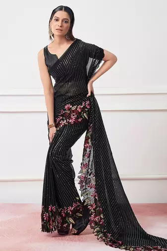 black black embellished sequinned pure georgette party saree