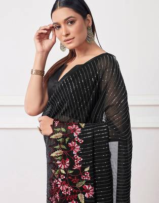 black black embellished sequinned pure georgette party saree 3