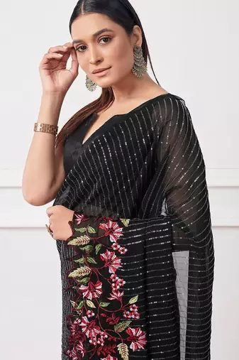 black black embellished sequinned pure georgette party saree
