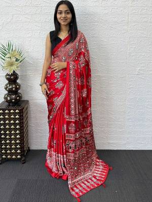 Red ajrak block mirror work bandhani saree 1