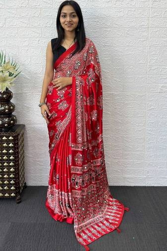 Red ajrak block mirror work bandhani saree