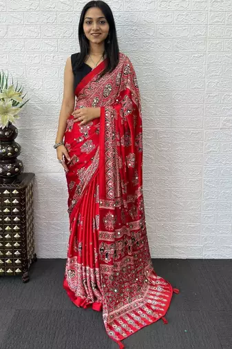 Red ajrak block mirror work bandhani saree