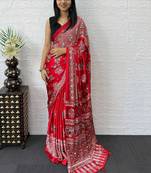 Red ajrak block mirror work bandhani saree