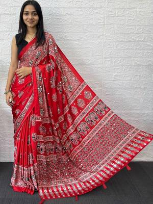 Red ajrak block mirror work bandhani saree 2