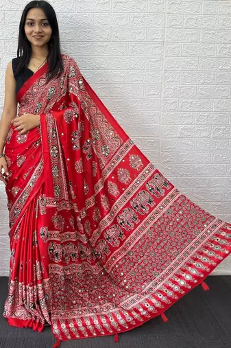 Red ajrak block mirror work bandhani saree