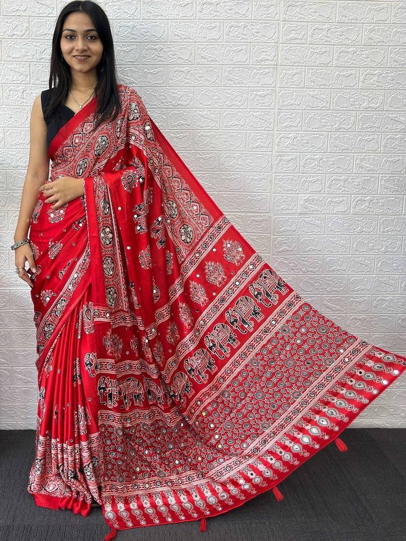 Red ajrak block mirror work bandhani saree