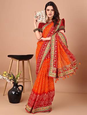 Red bandhani embroidered poly georgette bandhani saree 1