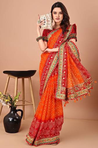 Red bandhani embroidered poly georgette bandhani saree