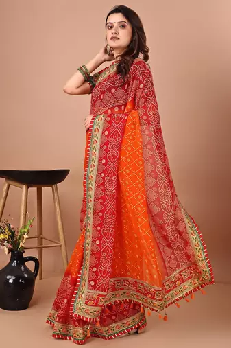Red bandhani embroidered poly georgette bandhani saree