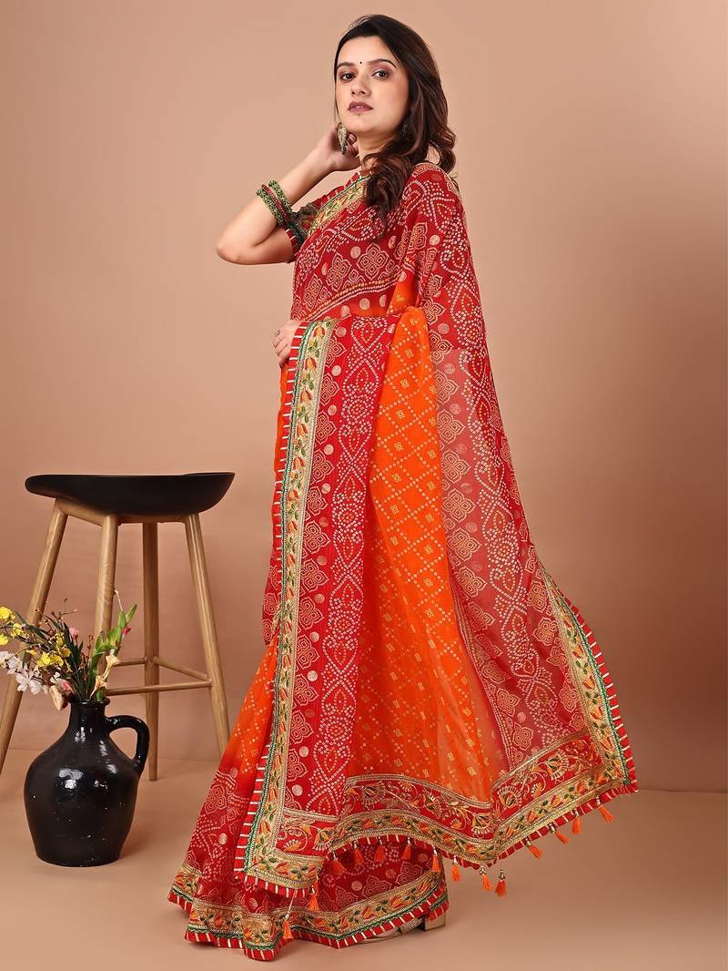 Red bandhani embroidered poly georgette bandhani saree
