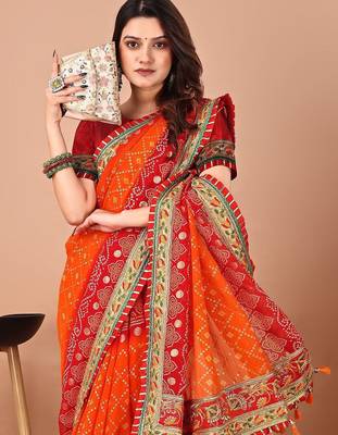 Red bandhani embroidered poly georgette bandhani saree 3