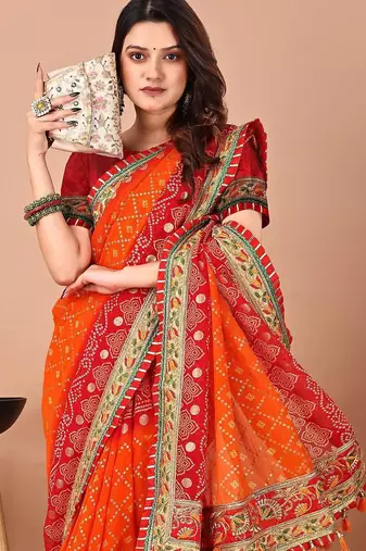 Red bandhani embroidered poly georgette bandhani saree