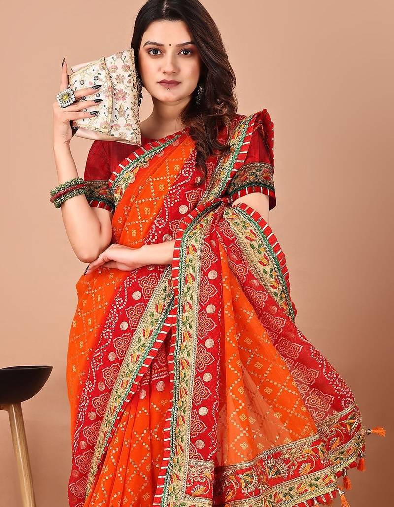 Red bandhani embroidered poly georgette bandhani saree