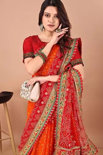Red bandhani embroidered poly georgette bandhani saree