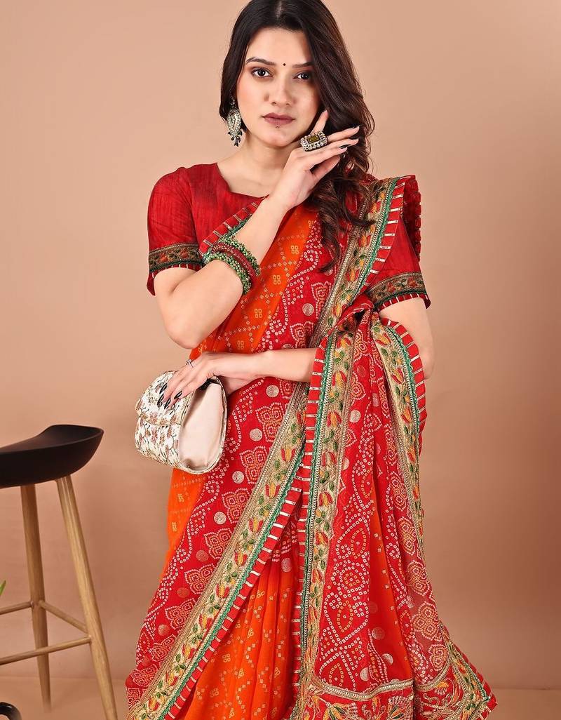 Red bandhani embroidered poly georgette bandhani saree