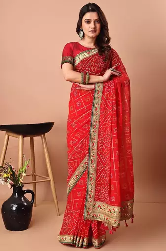 red women embroidered bandhani saree