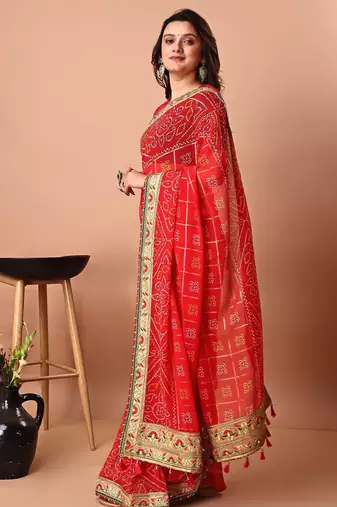 red women embroidered bandhani saree