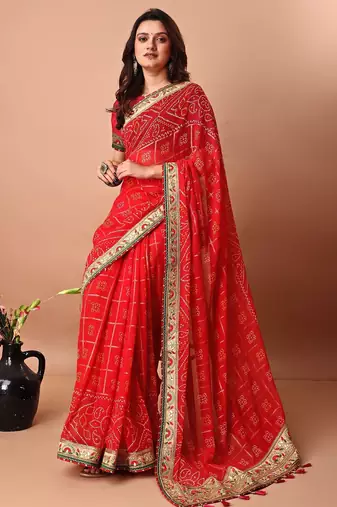 red women embroidered bandhani saree